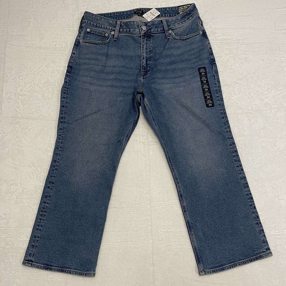 J. CREW Curvy Mid-Rise Flare Crop Stretch Blue Jeans Women's SIZE 34 NWT